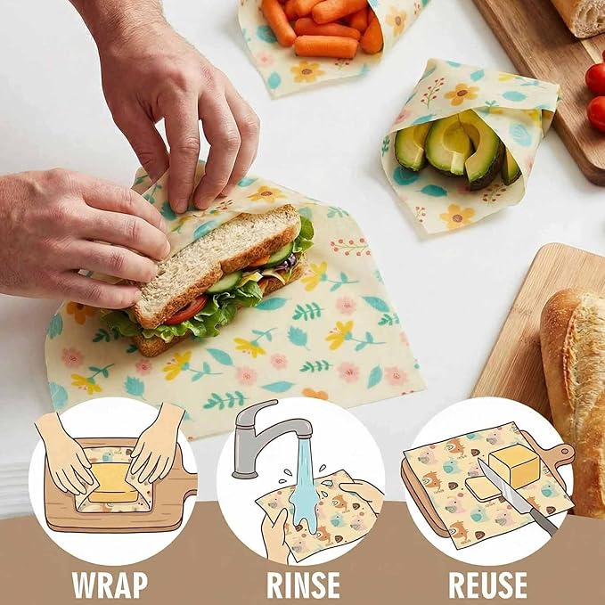 Beeswax Wraps for Food, Flowers 3 Pack (S, M, L) Reusable Food Wraps, Bread Sandwich Wrap, Zero Waste, Organic, Plastic-Free Food Storage Wrap