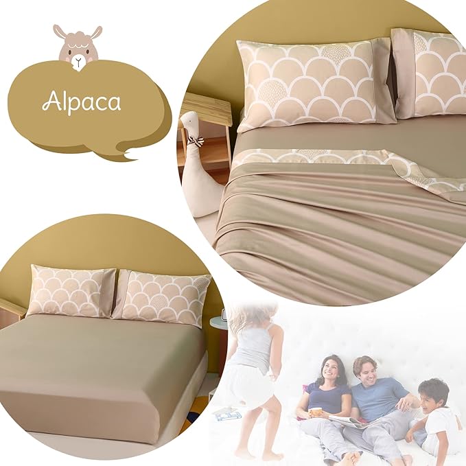 Simple&Opulence 100% Organic Cotton Sheet Set for Kids Teens, 4 Pieces Soft Bed Sheets Boy Girl Warm Adorable - Alpaca, Queen