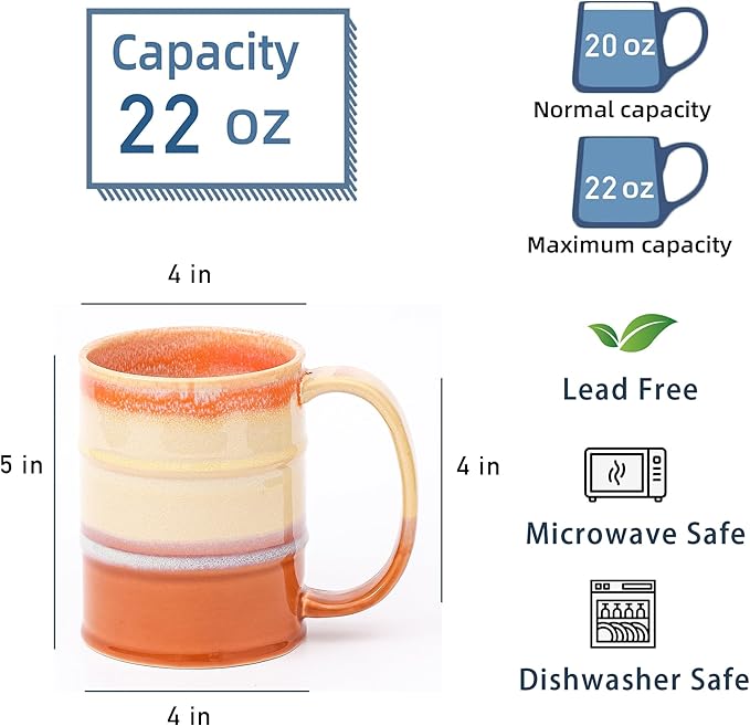 Coffee Mug, 22 oz Beer Mugs Large Ceramic Coffee Mug Tea Cups, Handmade Mug with Big Handle for Office and Home, Dishwasher and Microwave Safe (Orange)