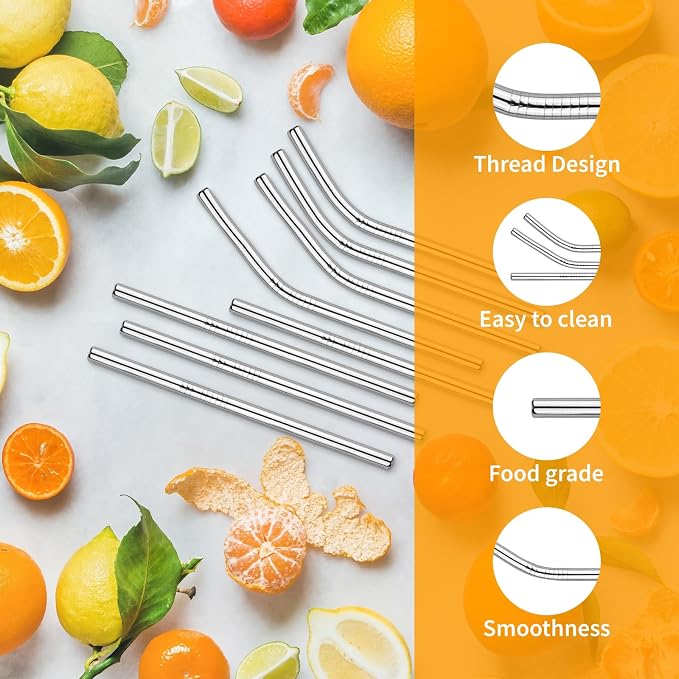 10-Pack Stainless Steel Smoothie Straws Reusable - 4 Straight and 4 Bent 5'' Straw with 2 Cleaning Brushes - 0.24'' Wide Metal Drinking Straws for Milkshake, Smoothie, Beverage