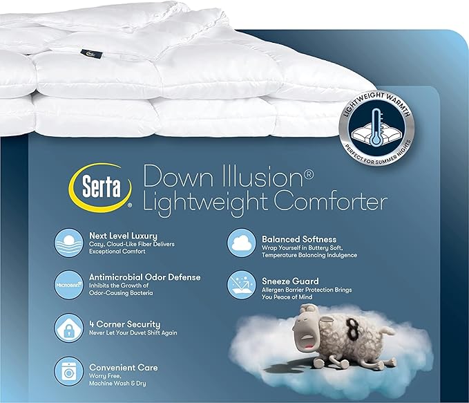 Serta Down Illusion Lightweight Hypoallergenic Down Alternative Comforter with Corner Loops, Twin/Twin XL, White
