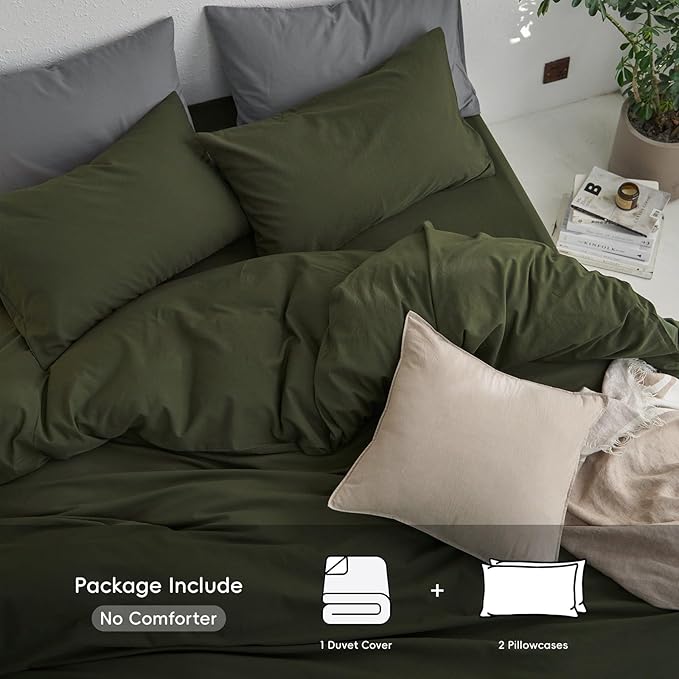 MooMee California King Duvet Cover Set, 100% Washed Cotton Linen Like Twill Thick Sturdy Material Super Soft Breathable Durable Bedding for All Season, 3 Pieces (Olive Green, Cal King 104"x98")