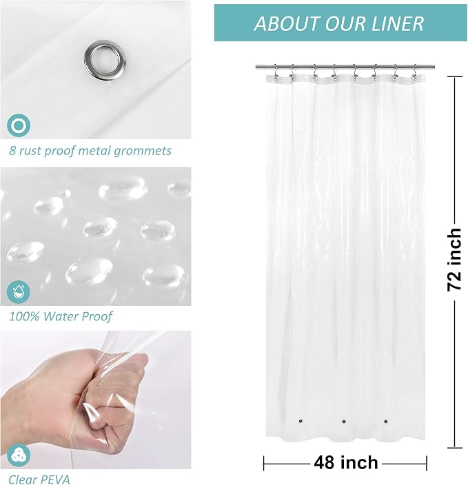 Mrs Awesome Stall Shower Curtain Liner with 3 Magnets 48 x 72 inch, PEVA 8G Thick & Heavy Duty Plastic Shower Curtain for Bathroom, Waterproof, 48x72, Clear