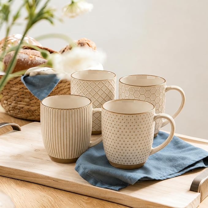 GBhome Large Coffee Mugs Set of 4, 16oz Handmade Embossed Coffee Mugs Set with Large Handle for Cappuccino/Latte/Tea/Hot Cocoa, Dishwasher & Microwave Safe, Khaki