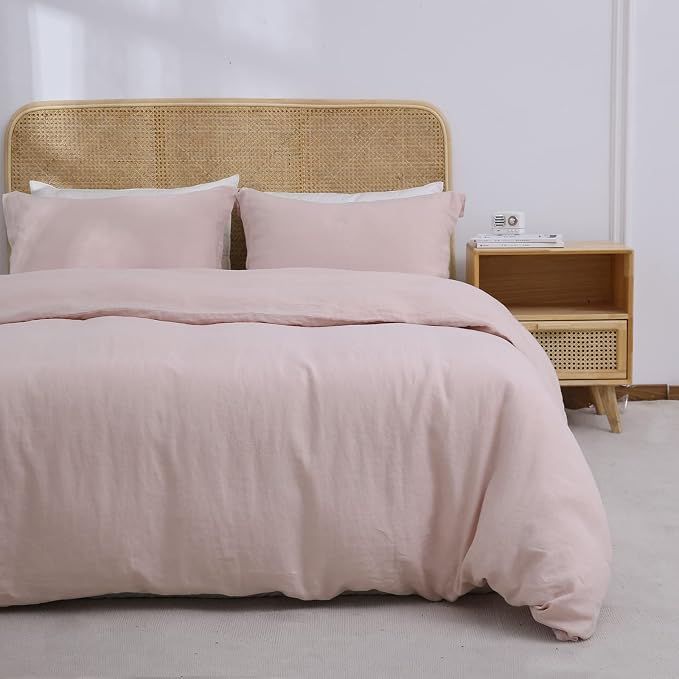 Simple&Opulence 100% Linen Duvet Cover Set 2pcs Basic Style Natural French Washed Flax Solid Color Soft Breathable Farmhouse Bedding with Button Closure - Blush Pink, Twin