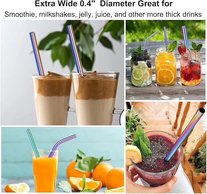 Vinaco Reusable Smoothie Straw, 0.4'' Extra Wide Stainless Steel Straw 10.5'' & 8.5'' Long colorful Straws, 6 Pack Metal Straw with 1 Reusable Straw Brush Cleaner for Milkshake, Smoothie, Bubble tea