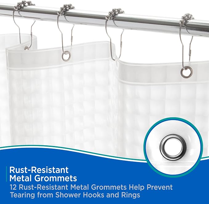 Kenney KN61151 Medium Weight 5 Gauge Embossed Waterproof PEVA Shower Curtain Liner with Rust-Resistant Metal Grommets for Bathroom, 70" W x 72" H, Clear