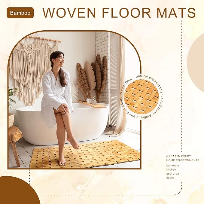 2 Pcs Bamboo Bath Mat Bathroom Rugs Floor Wood Shower Mat Non Slip Waterproof Wooden Shower Rug with Nonskid Silicone Pads for Bathroom Floor Spa Bathtub Kitchen(24 x 16 inches)