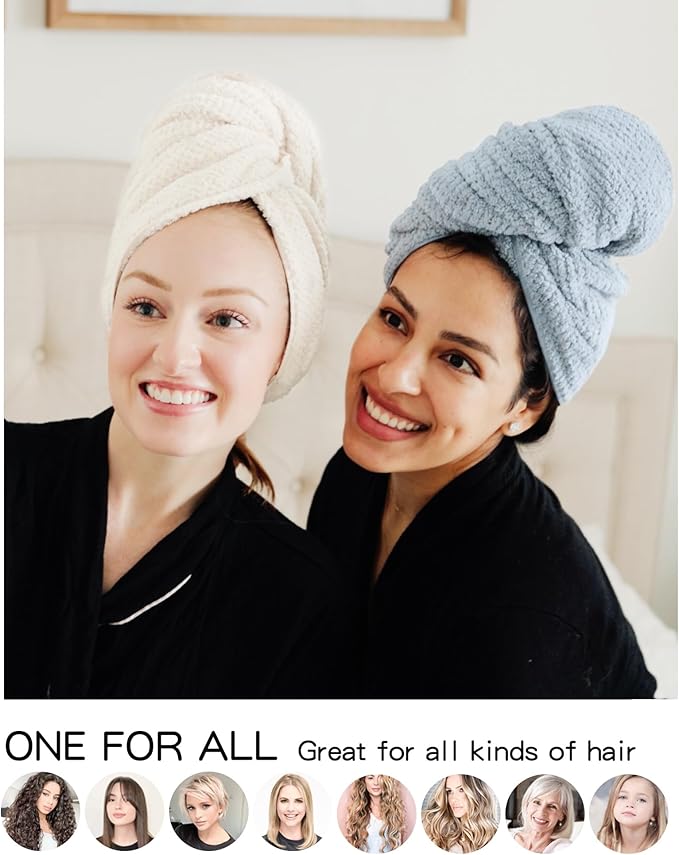 ROLSHOL 2 Packs Large Microfiber Hair Towels for Women, Super Absorbent & Quick Dry Hair Towel Wrap for Curly Hair Long & Short Hair- Anti-Frizz Hair Turbans for Wet Hair (Blue/White) - 27.5''*39.4''