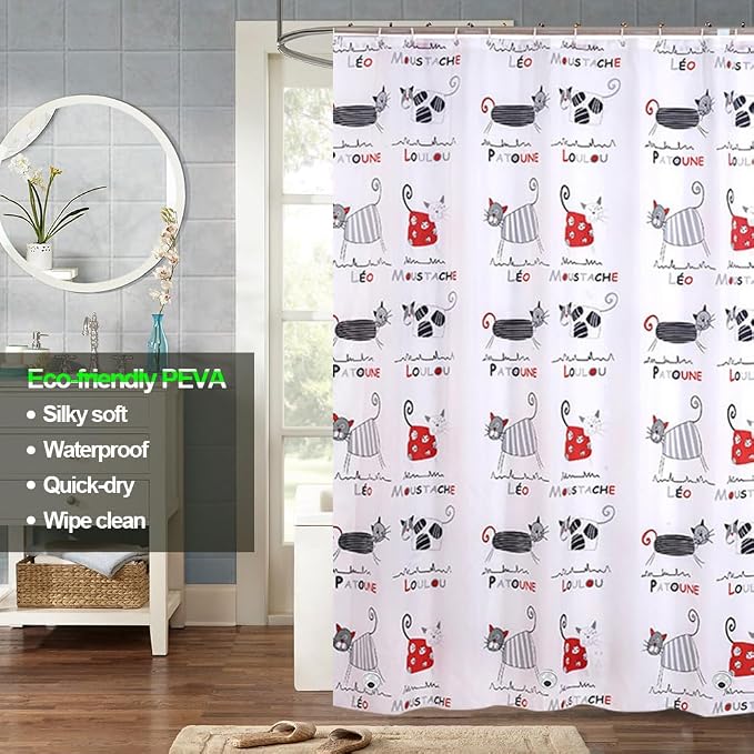 Plastic Shower Liner - Premium PEVA 4G Shower Curtain Liner with Rustproof Grommets and 3 Weighted Magnets, Waterproof Shower Curtains for Bathroom (Cat)