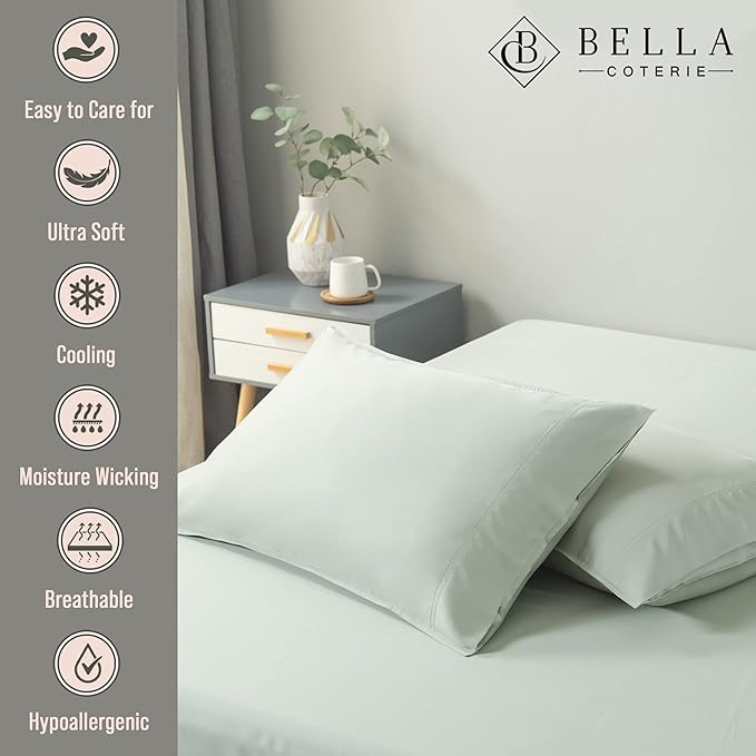 Bella Coterie | Luxury Bamboo Viscose King Size Pillowcase Set | 100% Organically Grown | Ultra Soft | Cooling | 2 Pcs [Sea Glass]