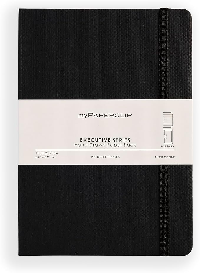 myPAPERCLIP Executive Series A5 Ruled Notebook | 192 Pages, 80 GSM, Soft Cover, A5 (5.83 x 8.27 in) | Flat Lay | Bookmark, Elastic Closure & Back Pocket | Black