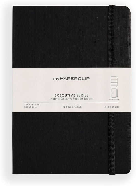 myPAPERCLIP Executive Series A5 Ruled Notebook | 192 Pages, 80 GSM, Soft Cover, A5 (5.83 x 8.27 in) | Flat Lay | Bookmark, Elastic Closure & Back Pocket | Black