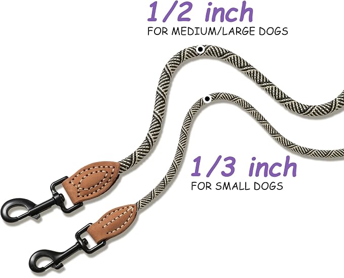 Mile High Life Small Dog Leash, Thin Rope Leash with Genuine Leather Connection and Heavy Duty Metal Clasp, Great for Small Medium Dogs(White,72 Inch-1/3)