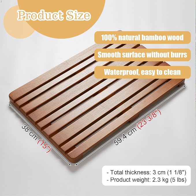 Rectangle Shower Mat Bamboo, Stable Bath Mat Dual Anti-Slip for Surface Bottom, Wide Slats Hollow Bathroom Drain Board for SPA Zone(Brown)