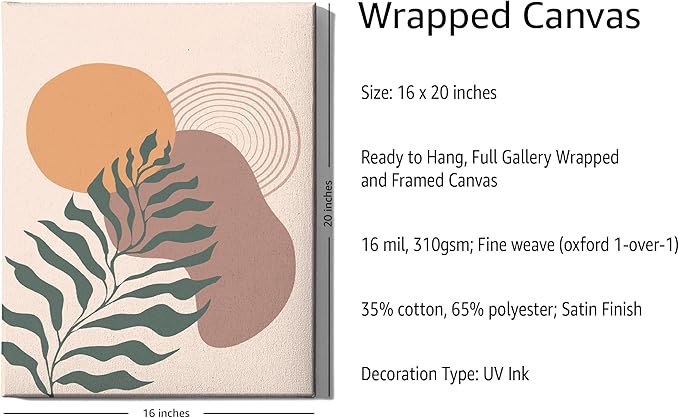 Boho Monstera Leaf Wrapped Canvas Wall Art Abstract Sun Earth Tones Terracotta 16x20 Inch Gallery Stretched Mid Century Modern Home Art Decor