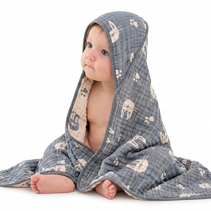 Ultra-Soft Muslin Baby Towel - 32 x 32 Inches, Ideal for Bath & Beach, Suitable for Both Boys & Girls from Newborns to Toddlers (Navy Blue Bunny)