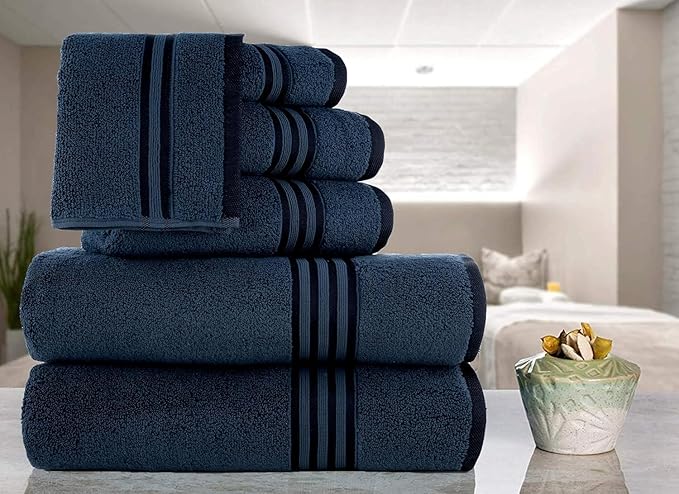 CASA COPENHAGEN Zero Twist 6Pcs 100% Egyptian Cotton Large Designer Towels Gift Set- Navy Blue, 600 GSM, 2Bath 2Hand 2Washcloths, Bath Towels for Bathroom Set for Women & Men