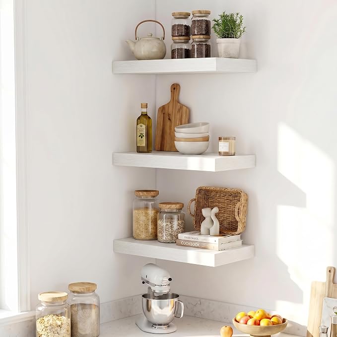 Fun Memories Wood Floating Shelves 20 Inch, 10 Inch Deep Shelves Wall Mount, Wall Shelves with Invisible Bracket, 20" Floating Shelves for Living Room Bathroom Bedroom, White, Set of 2