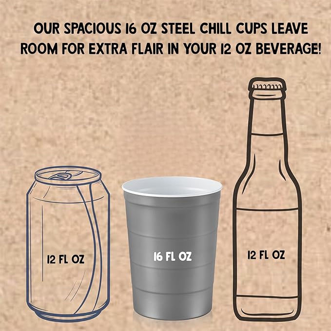 Steel Chill Cups 16 oz. Party Cups, Perfect for Cold Drinks, Sturdy & Durable, Disposable and 100% Recyclable, Made in USA, Gray, 12 Count