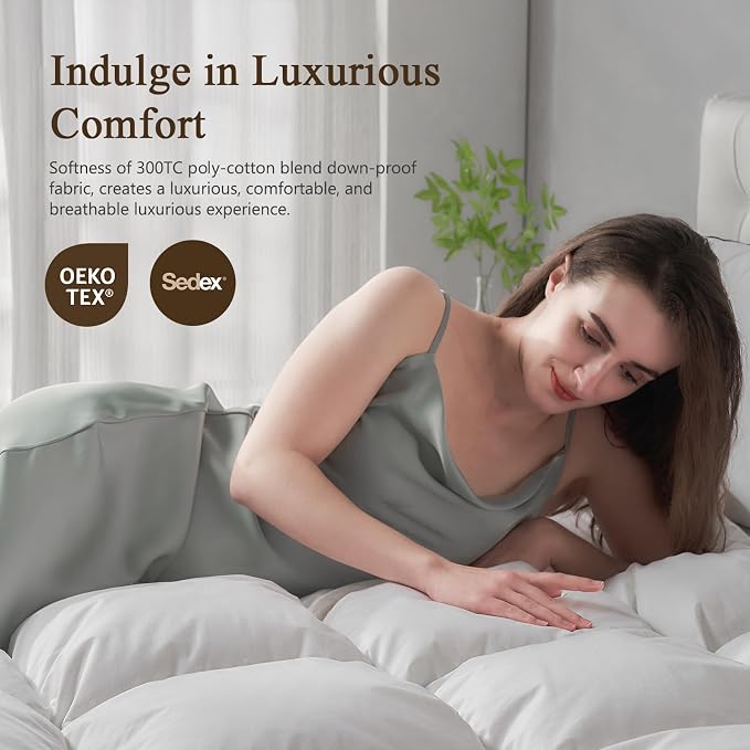 BPC Lightweight Goose Feather Down Fiber Comforter Queen Size, Ultra-Soft Cotton Blend Cover, 750 FP Cloudy-Fluffy Duvet Insert for Hot Sleepers, White, 90x90 Inches