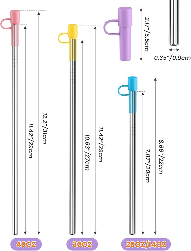 NiHome 6PCS Reusable Anti-Wrinkle Straw Set Fit for Stanley Tumblers, 3 Lengths Stainless Steel Drinking Straws with Silicone Tips Fit for 14oz 20oz 30oz 40oz, Protective Caps & Brushes (6 Colors)