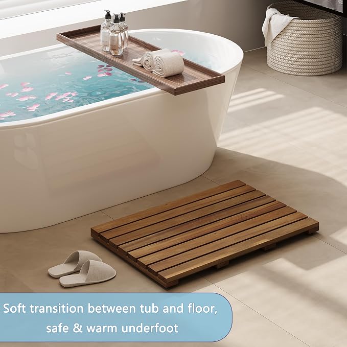 26"x16.9" Solid Acacia Wood Shower Mat, Non Slip Wooden Bath Mat, Indoor Outdoor Entryway Door Mat Multi-Purpose Plant Stand for Shower Bathtub Pool Spa Garden (Large)
