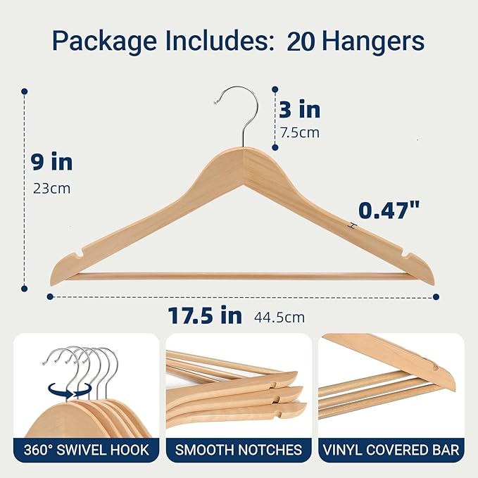 Amber Home 20 Pack Wooden Coat Hangers, Natural Wood Suit Hangers with Non-Slip Pant Bar, Clothes Hangers for Closet Organization, Shirts, Jackets, Dresses, and Pants (Natural, 20)
