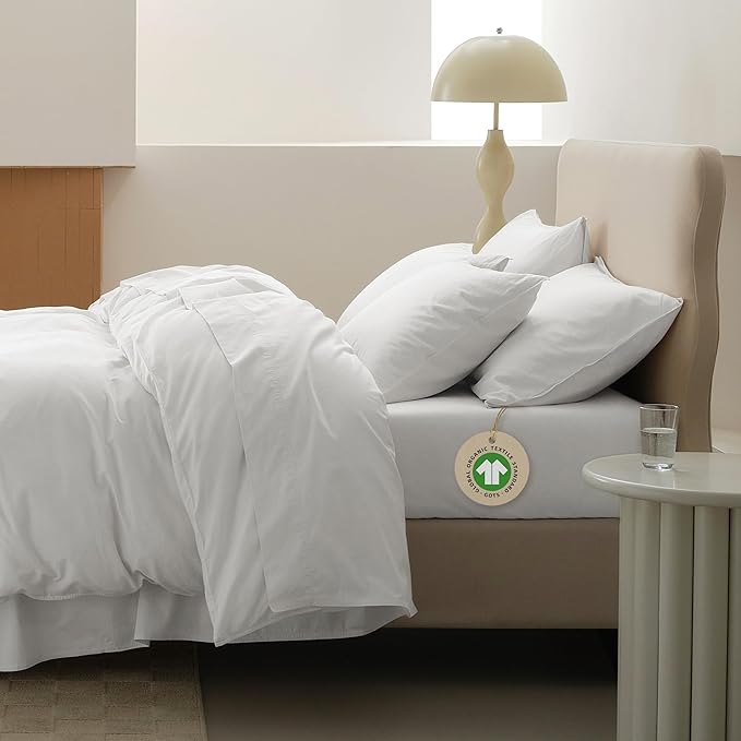 Double Stitch 100% Organic Cotton Sheets, King Size Sheets Set, GOTS Certified Long Staple Cotton Bedsheets, Luxury & Soft Hotel Bed Sheets with 16 inches Deep Pocket, Made in India Pure White