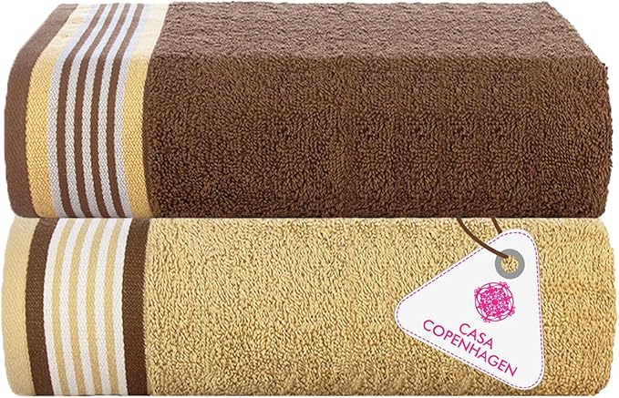 CASA COPENHAGEN He & She 2Pcs 100% Egyptian Cotton Large Designer Bathsheet Towels Gift Set- Brown - Beige, 550GSM, 35"x70" 2Bath Sheet Towels for Bathroom Set for Women & Men