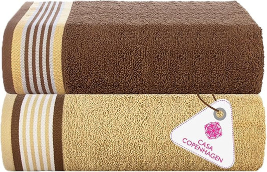 CASA COPENHAGEN He & She 2Pcs 100% Egyptian Cotton Large Designer Bathsheet Towels Gift Set- Brown - Beige, 550GSM, 35"x70" 2Bath Sheet Towels for Bathroom Set for Women & Men