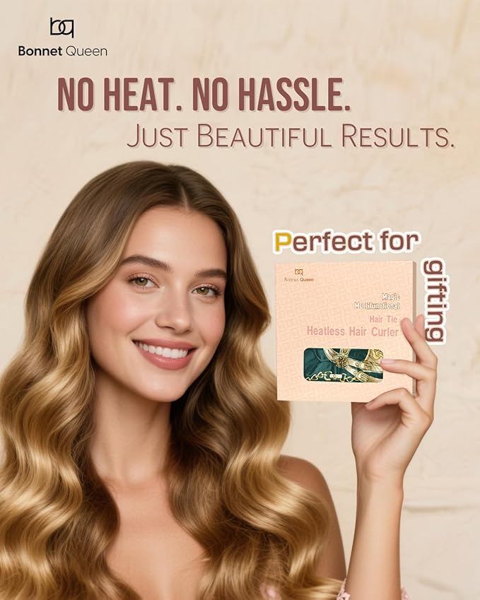 BONNET QUEEN Multi-function Satin Heatless Hair Curler & Hair Tie Non-Heating Hair Roller Curling Rod with Scrunchie, Large, DarkGreen(For Big Curls)