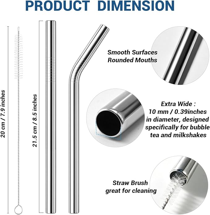 6 Pcs Reusable Metal Straws, 8.5” x 0.47” Extra Wide Metal Straws Reusable Stainless Steel Straws with 2 Cleaning Brush, Metal Milkshake Straw for Smoothies Bubble Beverage, Smoothies Straws