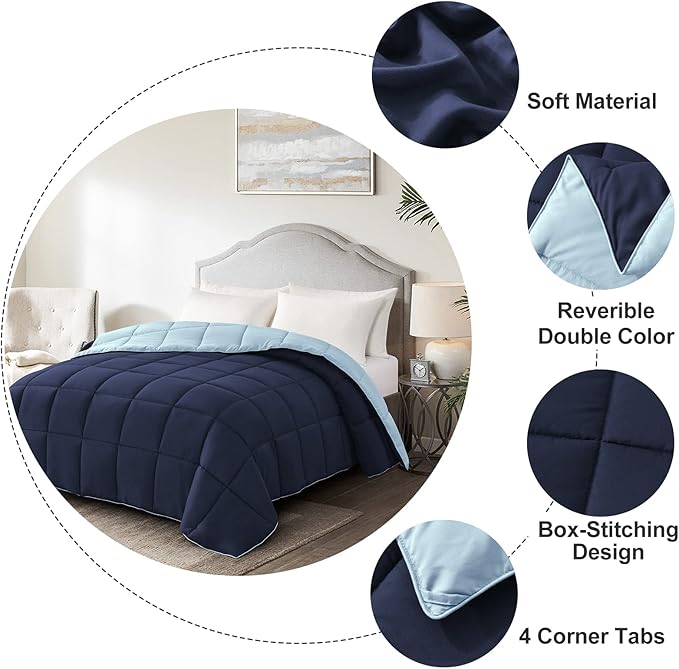 Homelike Moment Oversized Queen Comforter - Blue Duvet Insert Down Alternative Bed Comforter, Lightweight Bedding Comforters Oversize Queen Quilted Soft All Season Reversible Navy/Light Blue