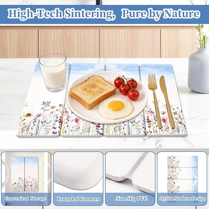 3 PCS Stone Dish Drying Mat for Kitchen Counter, Quick Dry Foldable Stone Dishes Mats, Water Absorbing Diatomaceous Earth Drying Organizer for Dishes Bottles, Cups and Tableware (Sky)