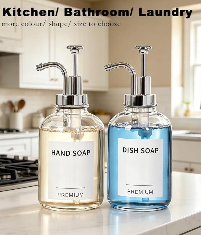 12oz Dish Soap Dispenser for Kitchen, Hand Glass Soap Dispenser Set with Pump, Tray, Funnel for Bathroom, Shower, Laundry, Liquid, Lotion (Silver 2 Pack Clear Bottles with 12 Stickers)