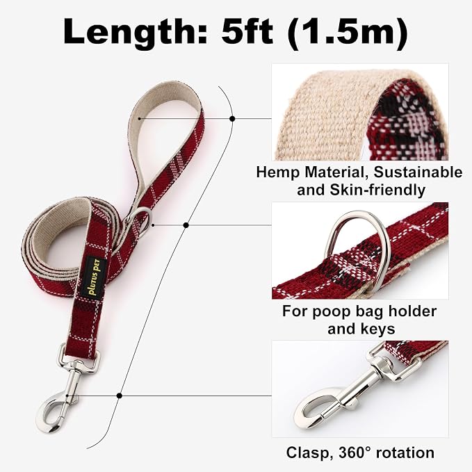 Plutus Pet Cotton Hemp Dog Collar and Leash Set, Adjustable Collar for Small, Medium, and Large Dogs, Heavy Duty and Soft on Skin, Red Plaid, S