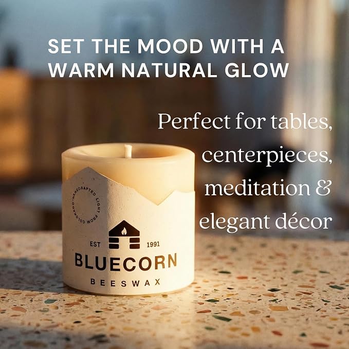 Bluecorn Beeswax Pillar Candle, 100% Pure Natural Bees Wax, Ivory White 3x3 Candle, Clean Burning & Dripless, Long Lasting (50 Hrs), Paraffin, Soy & Fragrance Free, Home Decor, American Made, 1 Count
