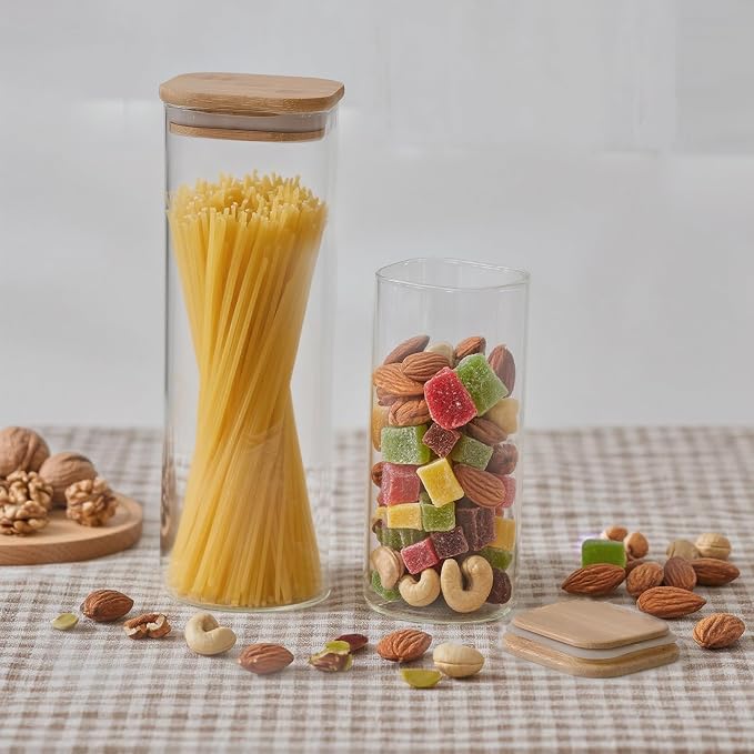 3L and 1.28L Glass Food Storage Containers with Lids - Set of 6 | Square Airtight Food Containers for Kitchen Pantry, Cereal, Coffee, Flour, Sugar