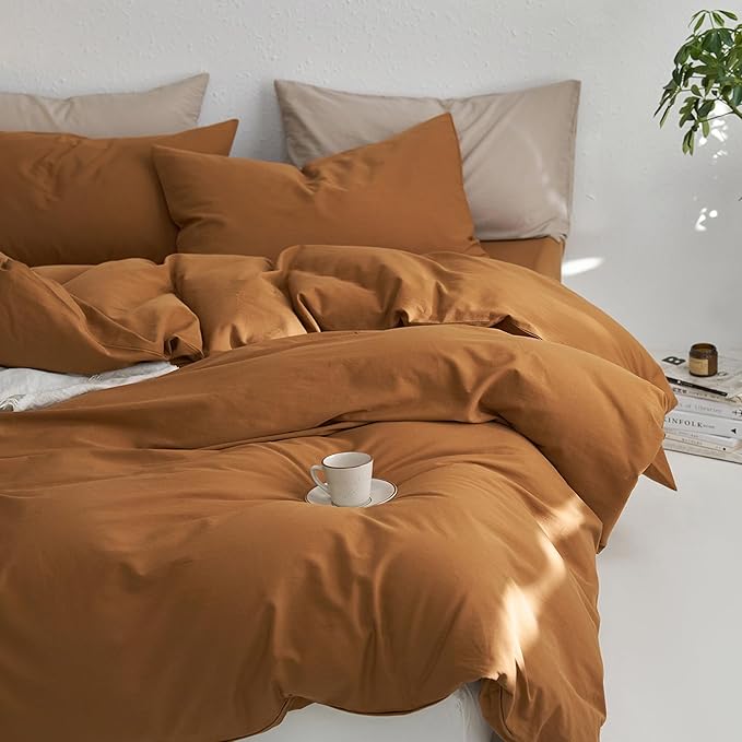 MooMee Twin Duvet Cover Set, 100% Washed Cotton Linen Like Twill Thick Sturdy Material Super Soft Breathable Durable Bedding for All Season, 2 Pieces (Dark Orange, Twin 68"x90")