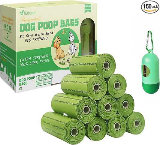 Dog Poop Bags-150 Counts with Leash Dispenser (10 Rolls), Biodegradable Poop Bags, Eco-friendly and Easy to Open, Thick Dog Waste Bags (Green)