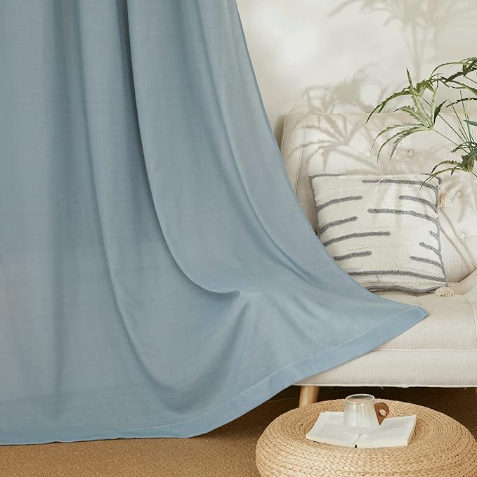 NICETOWN Linen Blend Stone Blue Curtains 96 inches Long, Rod Pocket & Back Tab Light Filtering Semi Sheer Window Treatments Privacy Added Drapes for Bedroom, W55 x L96, 2 Panels