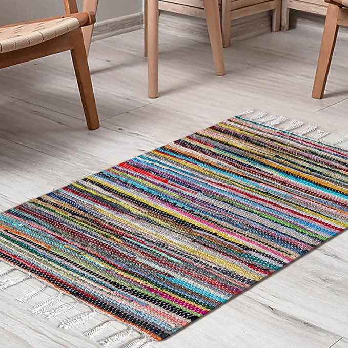 Cotton Chindi Rug - Boho Rustic Area Accent Throw Rug - Area Floor Carpet for Bedroom Living Room Kitchen Dorm Entryway Hallway - 20x32 inch Hand Woven Reversible Area Rug Multi Color