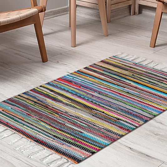 Cotton Chindi Rug - Boho Rustic Area Accent Throw Rug - Area Floor Carpet for Bedroom Living Room Kitchen Dorm Entryway Hallway - 20x32 inch Hand Woven Reversible Area Rug Multi Color
