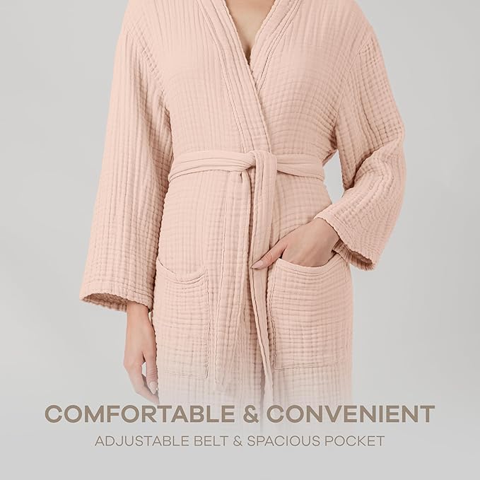 Comfy Cubs 100% Cotton Muslin Bathrobe - 4-Layer Absorbent Robe with Pockets & Belt for Bath, Spa, or Lounging