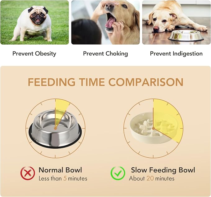 Havniva 8.2” Raised Slow Feeder Dog Bowls Set, 1.6 Cups Ceramic Slow Feeder Dog Bowl and 7.3” Dog Water Bowl with Elevated Wooden Stand Puzzle Dog Food Bowl for Medium Dogs Anti-Gulping & Anti-Choking