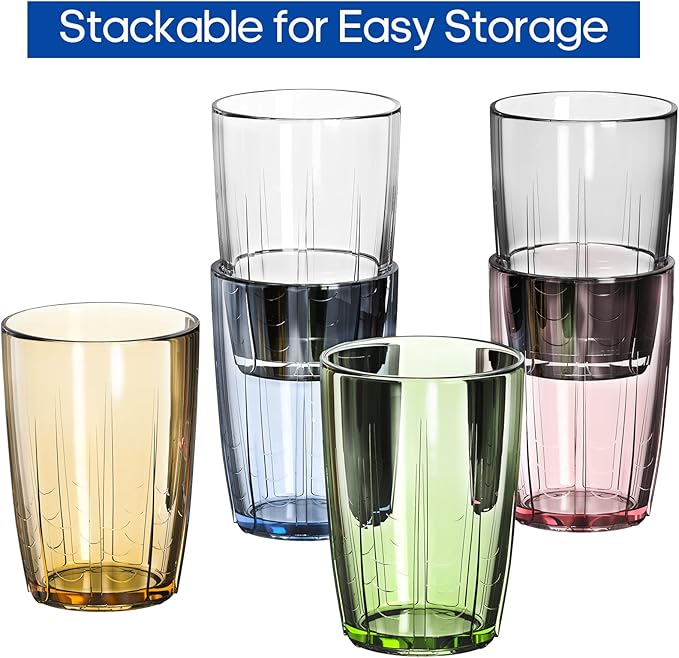 ZEAYEA Set of 6 Acrylic Drinking Cups, 14 oz Unbreakable Water Tumbler, Reusable Plastic Drinking Glasses, Stackable Beverage Tumbler for Juice, Lemonade, Ice Coffee, BPA-free, Dishwasher Safe