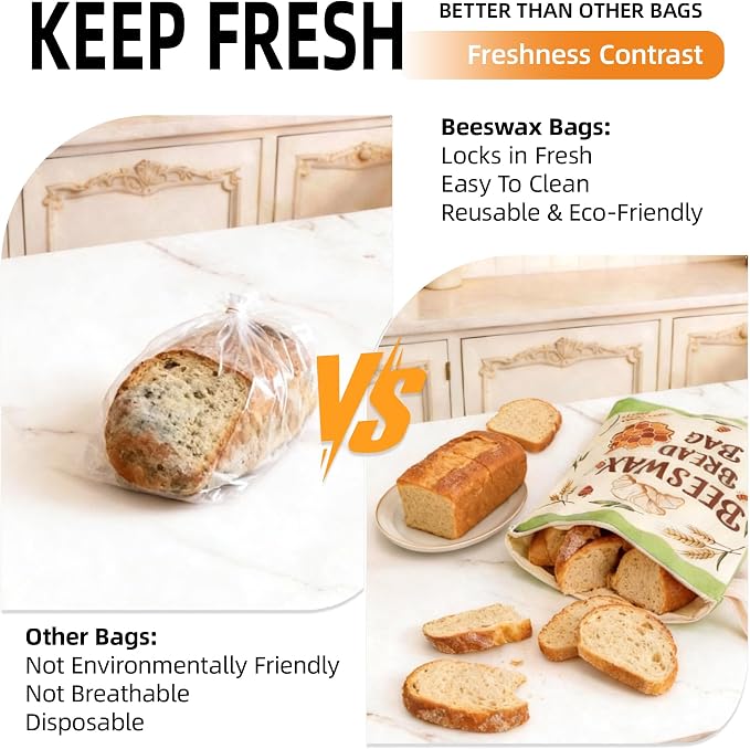 L-Shaped Zipper Beeswax Sourdough Reusable Bread Bags for Homemade, 17×13" | 2 Pack, XL, Organic Linen Cotton Loaves Storage Cloth Bags, Keep Fresh Longer & Freezer Safe