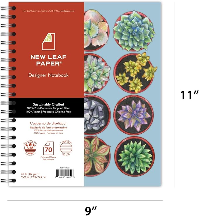Large Spiral Bound Recycled Notebook, Succulents Design, 11" x 9", 70 Sheets, Double-Wire, College Ruled, Vegan, Made in USA