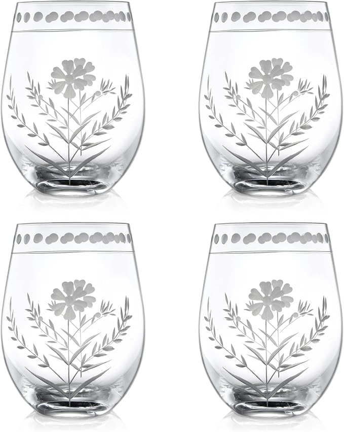 Joeyan Hand Blown Etched Stemless Wine Glasses,Carved Red and White Wine Tumbler with Floral Pattern,Clear Drinking Glass Cups,Glassware for Birthday Party Anniversary,19 oz,Set of 4,Dishwasher Safe